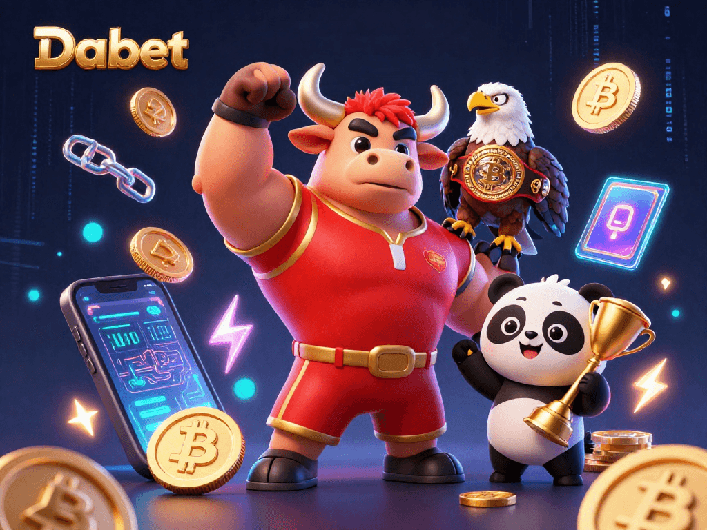 Dabet showcases an exciting online gambling scene with a bull mascot celebrating victory, surrounded by vibrant crypto elements and glowing coins.