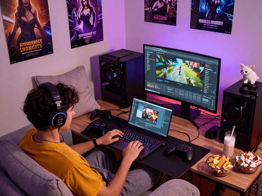 Gamer enjoying a porn game on a laptop in a cozy home setting with vibrant decor.