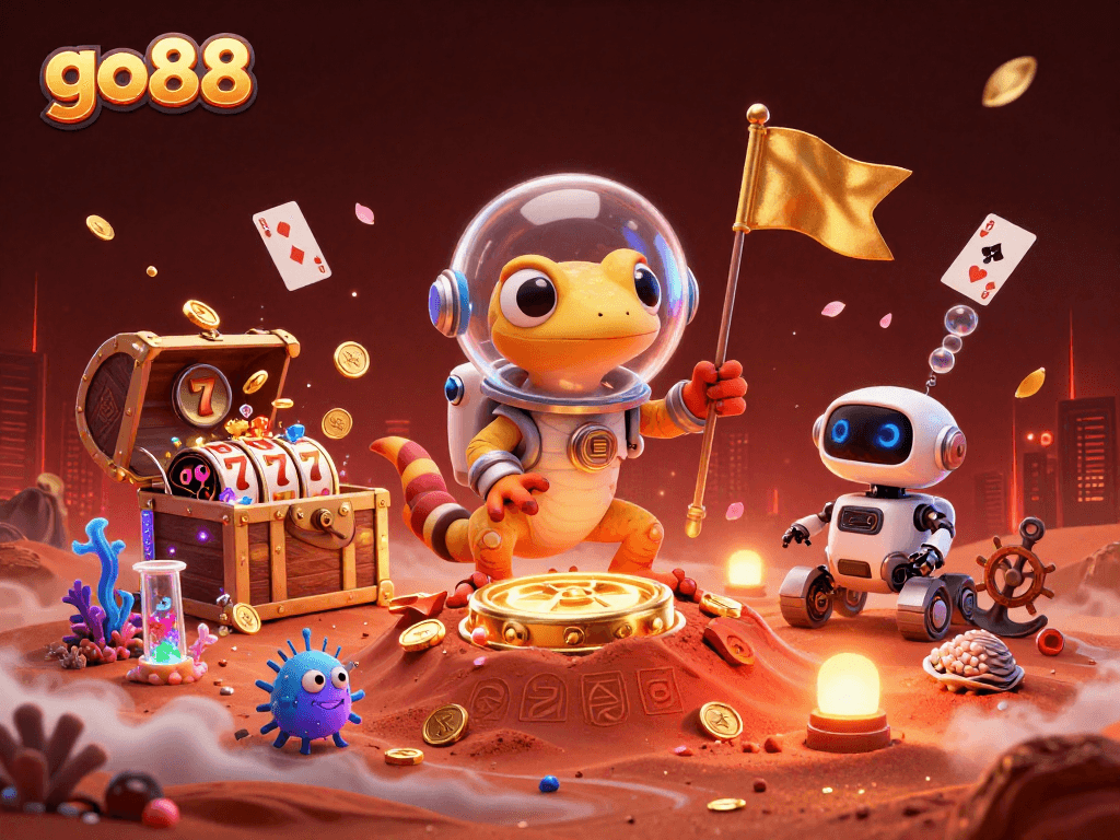 Engage with go88's vibrant casino scene featuring a Martian gecko and golden treasures.