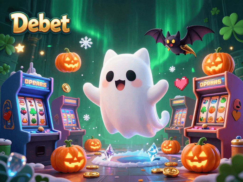Experience the thrilling world of Debet with a playful ghost cat and glowing poker-themed jack-o-lanterns in a vibrant casino atmosphere.