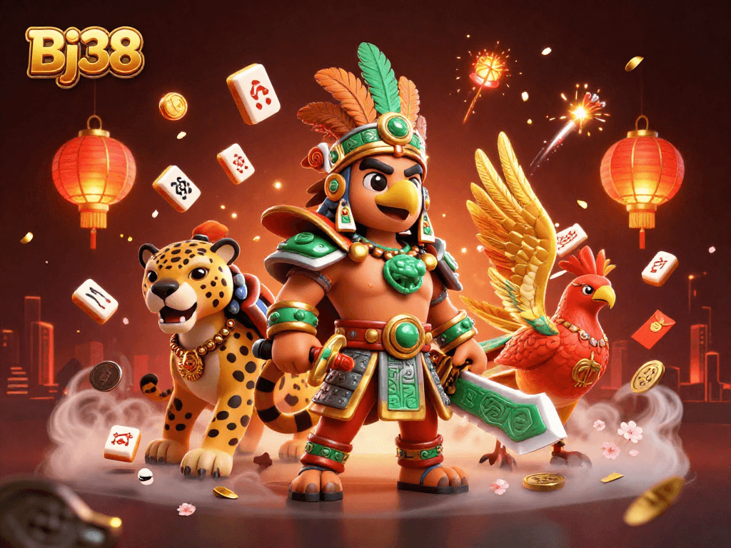 Experience intense action at Bj38 with vibrant warriors and casino-themed elements in a stunning 3D illustration.