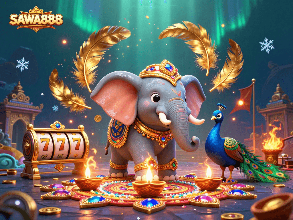 Experience the excitement of SAWA888 with vibrant 3D illustration showcasing dynamic slots and enchanting characters.