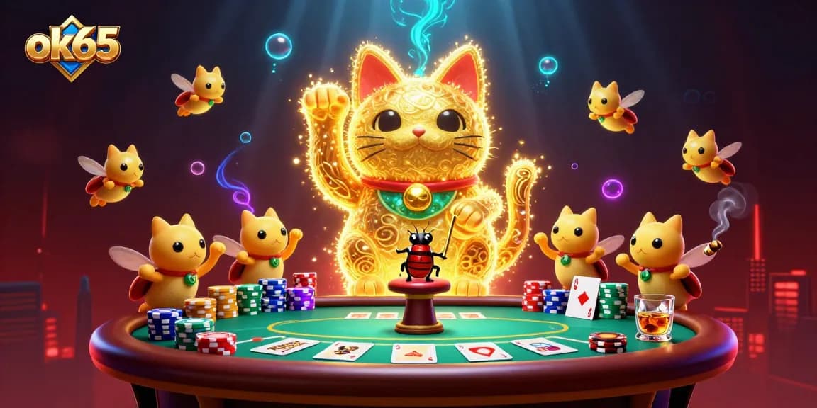 Engage in thrilling gambling with ok65, as a whimsical lucky cat and fireflies bring the casino to life!