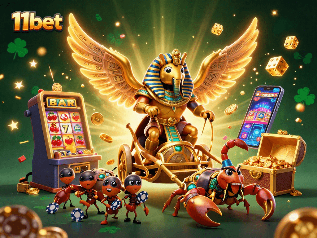 Experience thrilling wins with 11bet featuring a vibrant casino scene full of lively characters and game elements.