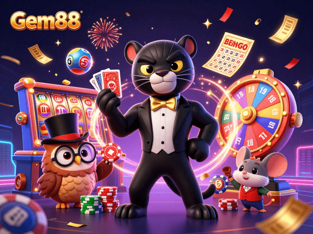 Gem88 showcases a stylish panther dealing cards amidst vibrant casino elements, creating an engaging atmosphere.