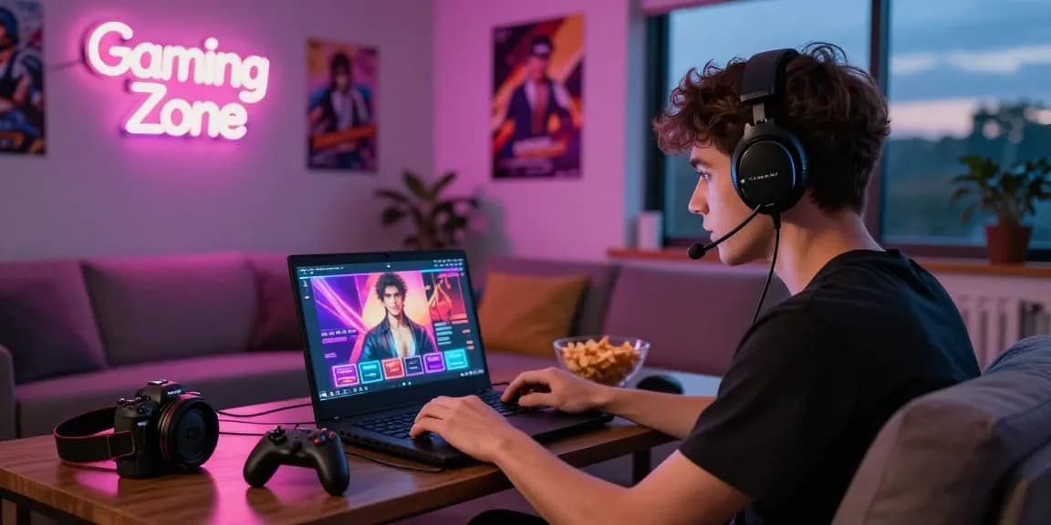 Engaging gaming scene featuring a young adult male playing lewdspot's interactive adult visual novel.