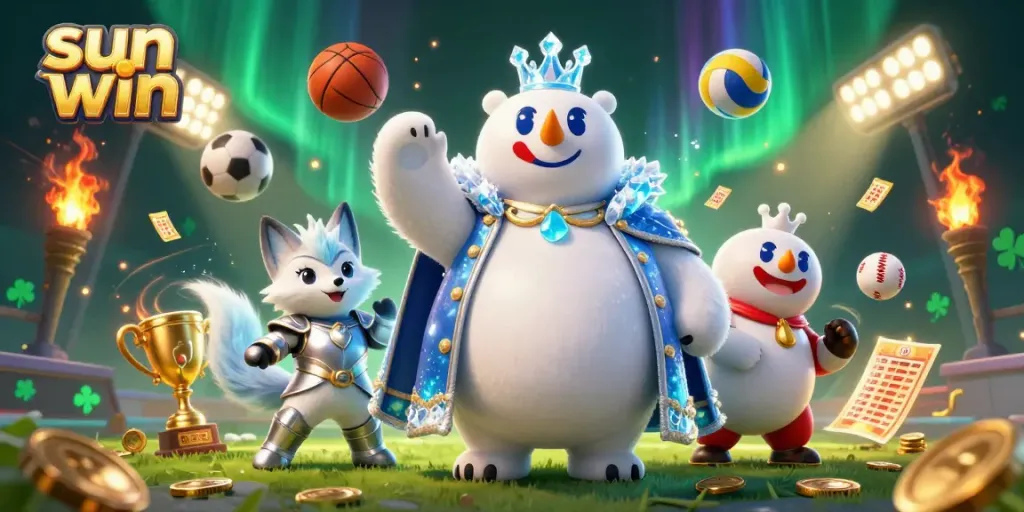 Engage in sports betting excitement with sun win's vibrant 3D illustration featuring a polar bear king.