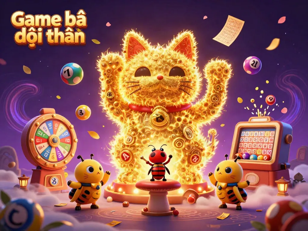 A vibrant scene showcasing the Game bài đổi thưởng with a lucky cat made of golden fireflies, colorful lottery elements, and dynamic casino symbols.