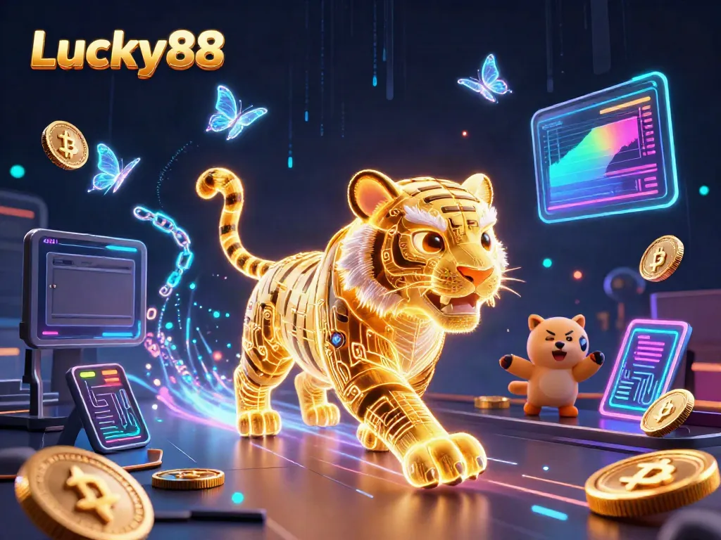 Experience the electrifying world of Lucky88 as a golden tiger navigates a vibrant digital casino.