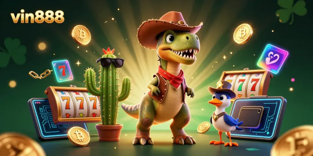 Experience vin888 excitement with a dynamic cartoon scene featuring a gambling dinosaur, vibrant slot games, and crypto elements.