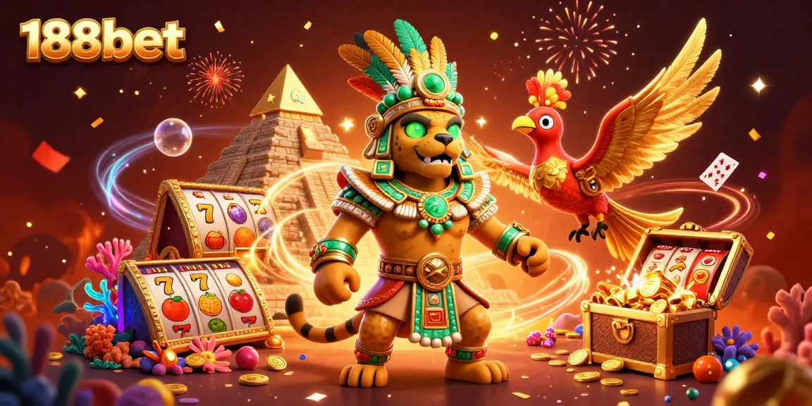 Play slots at 188bet with vibrant characters and a dynamic casino scene featuring gold coins and jackpot symbols.