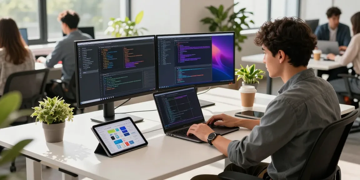 Build internal tools with AI in a modern workspace with a developer coding on dual monitors, natural light, and tech gadgets.