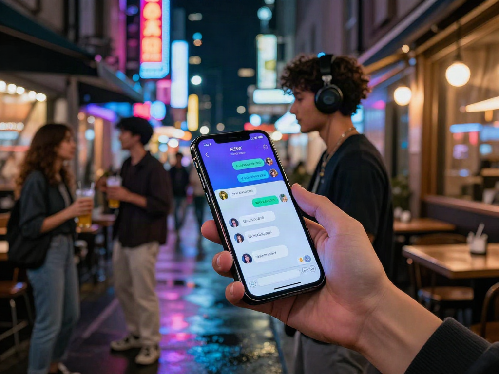 Engaging in an exciting nsfw ai chat in a vibrant urban nightlife setting with neon lights.