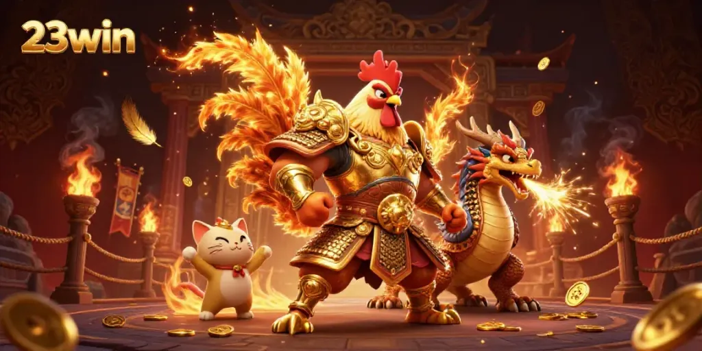 Engage with 23win in an epic battle scene featuring warrior rooster and dragon hatchling.