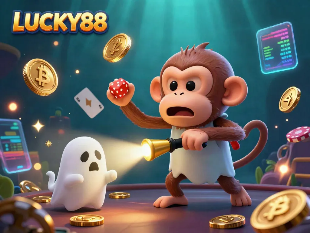 Experience thrilling gaming action with LUCKY88 in a haunted casino scene featuring a playful ghost and golden treasure.