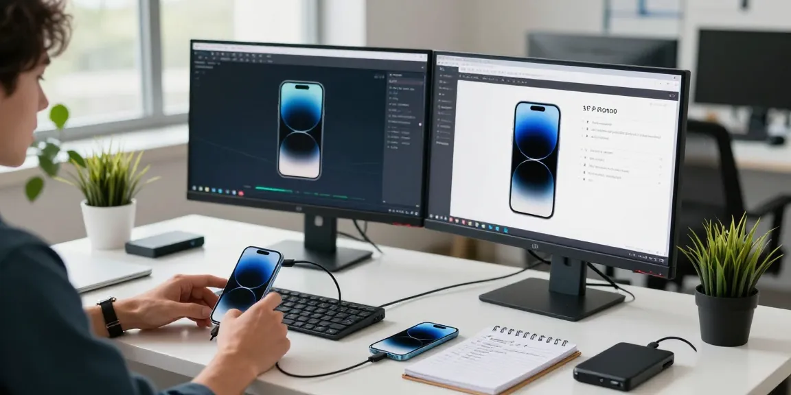 在现代办公室中，用户使用爱思助手下载工具解决iPhone故障的场景。