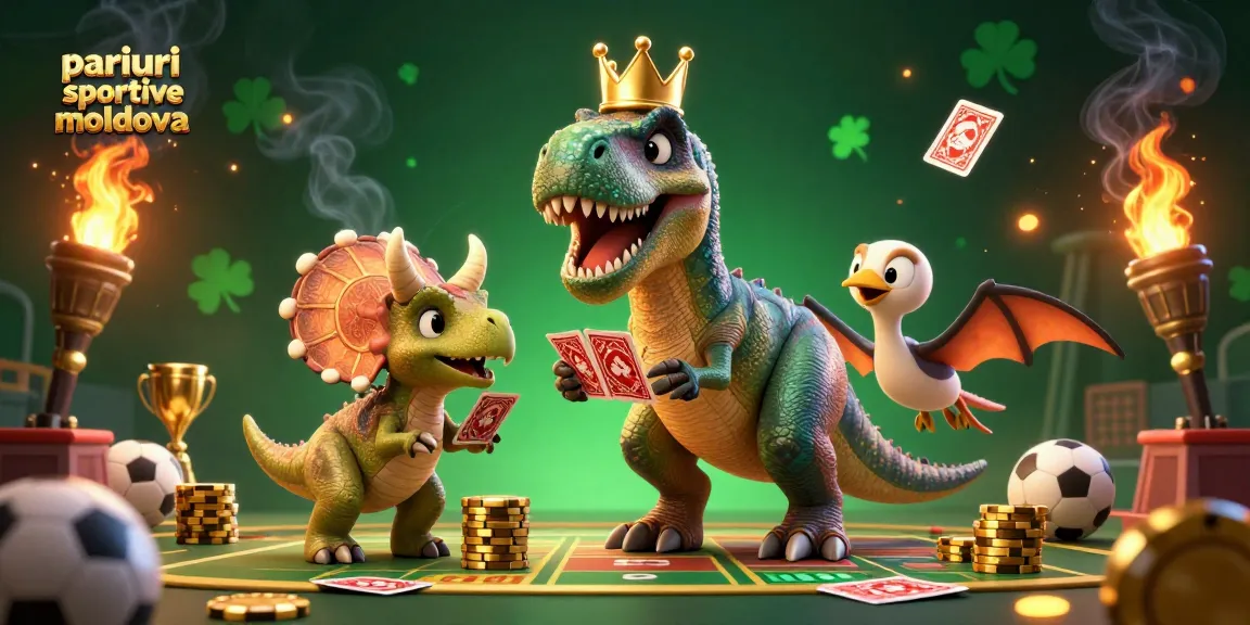 Pariuri sportive Moldova - Ilustrație 3D captivantă cu T-Rex și elemente de joc.