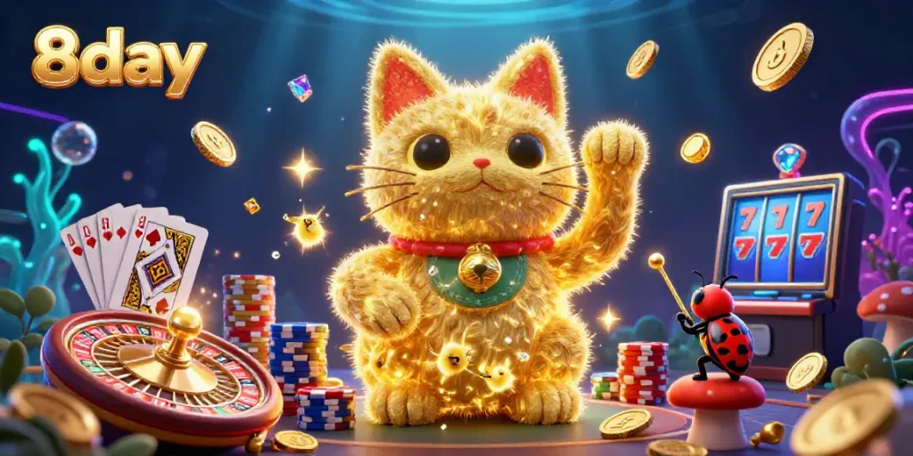 Uncover winning strategies with 8day's immersive casino experience featuring a dynamic lucky cat.