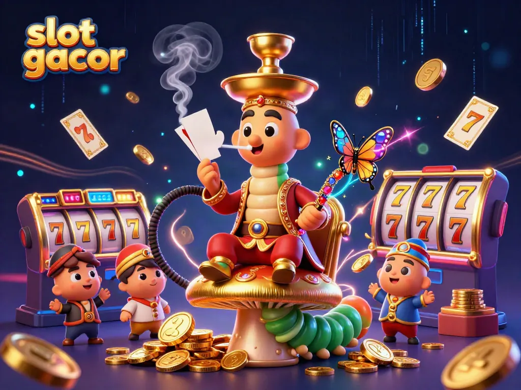 Experience the excitement of slot gacor with this vibrant 3D illustration of a caterpillar casino master in a whimsical setting.