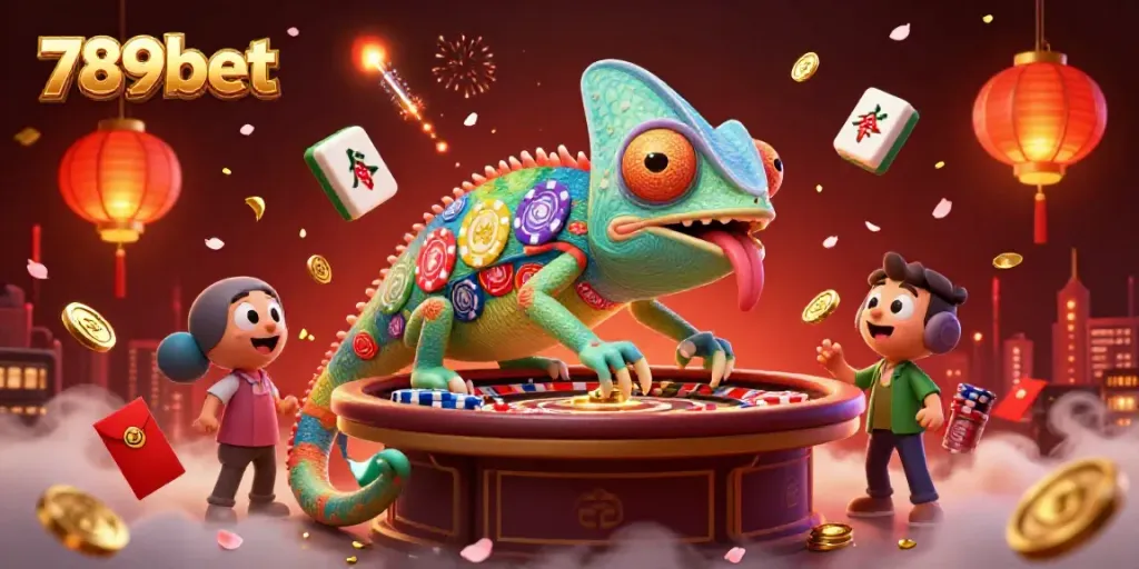 Engage in thrilling games at 789bet with a colorful casino scene featuring a vibrant chameleon owner.