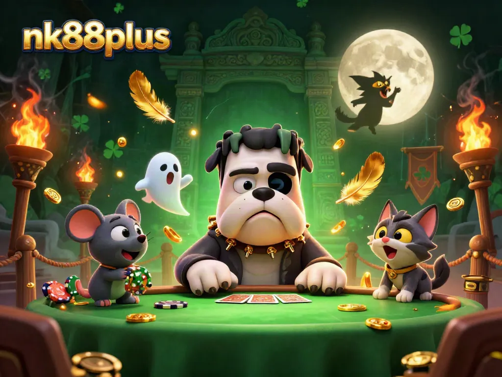 Engage in winning strategies at nk88plus with whimsical characters in a thrilling casino scene.