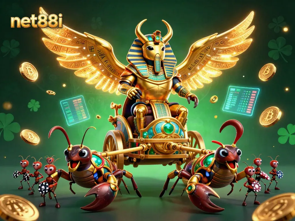 Engage in thrilling gaming at net88i with the colossal golden scarab and dazzling elements.