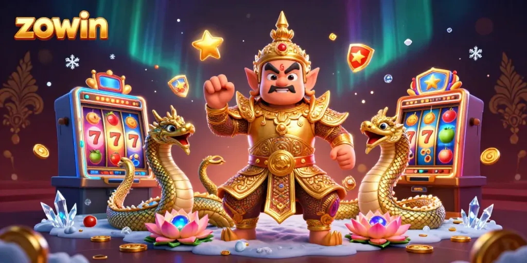 Experience the excitement of Zowin with a lively 3D illustration of a guardian and slot machines.