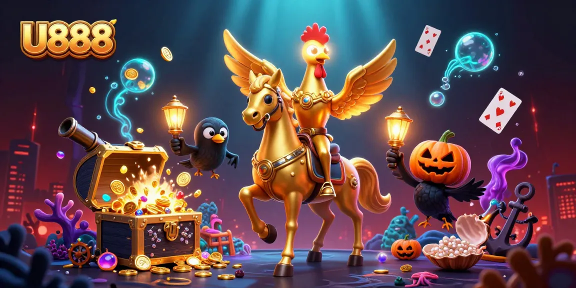 Experience immersive gaming with U888 at a lively midnight casino scene featuring vibrant 3D characters and elements.