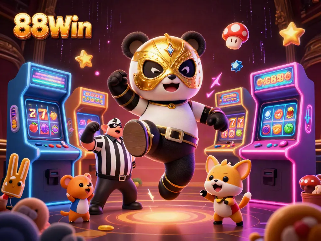 Experience thrilling action at 88Win with a panda wrestler and energetic crowd in a vibrant casino scene.