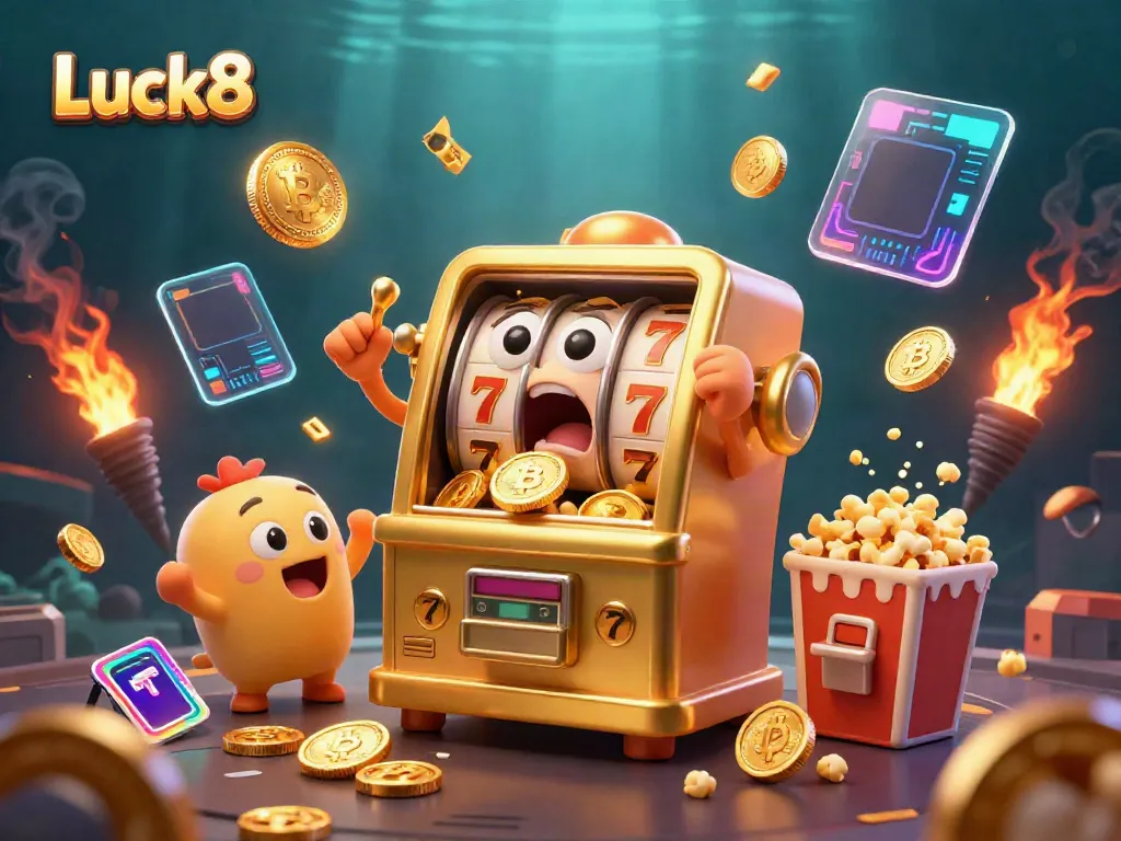 Luck8 slot machine celebrating a jackpot event, enveloped by energetic gaming elements.