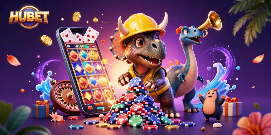HUBET showcases thrilling moments with a joyous casino scene featuring characters building poker chip structures.