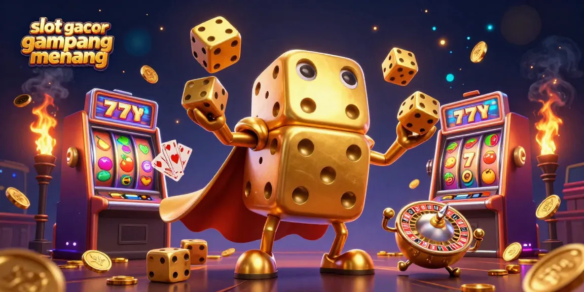 Experience thrilling slot gacor gampang menang action with a vibrant 3D casino scene featuring golden dice and slot machines.