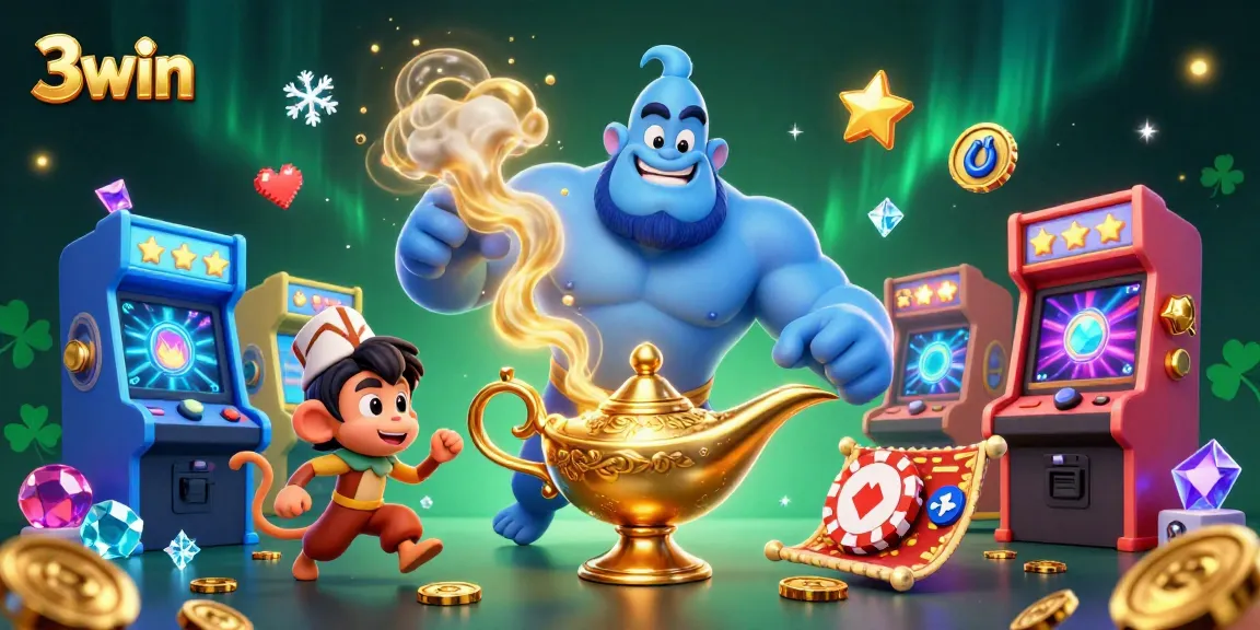 Experience the thrill of gaming with 3win's vibrant casino adventure, featuring a genie and a flying carpet.
