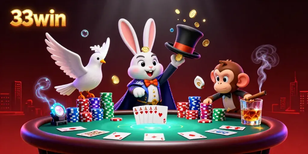 Engage in the magic of 33win with a captivating scene featuring a magician rabbit and playful monkey among poker chips and cards.