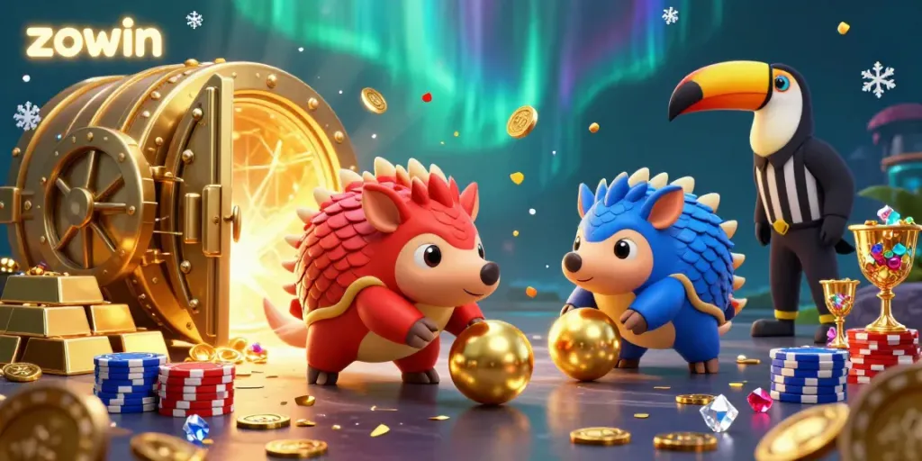 Zowin pangolins compete in a vibrant casino scene filled with poker chips and gold treasures.