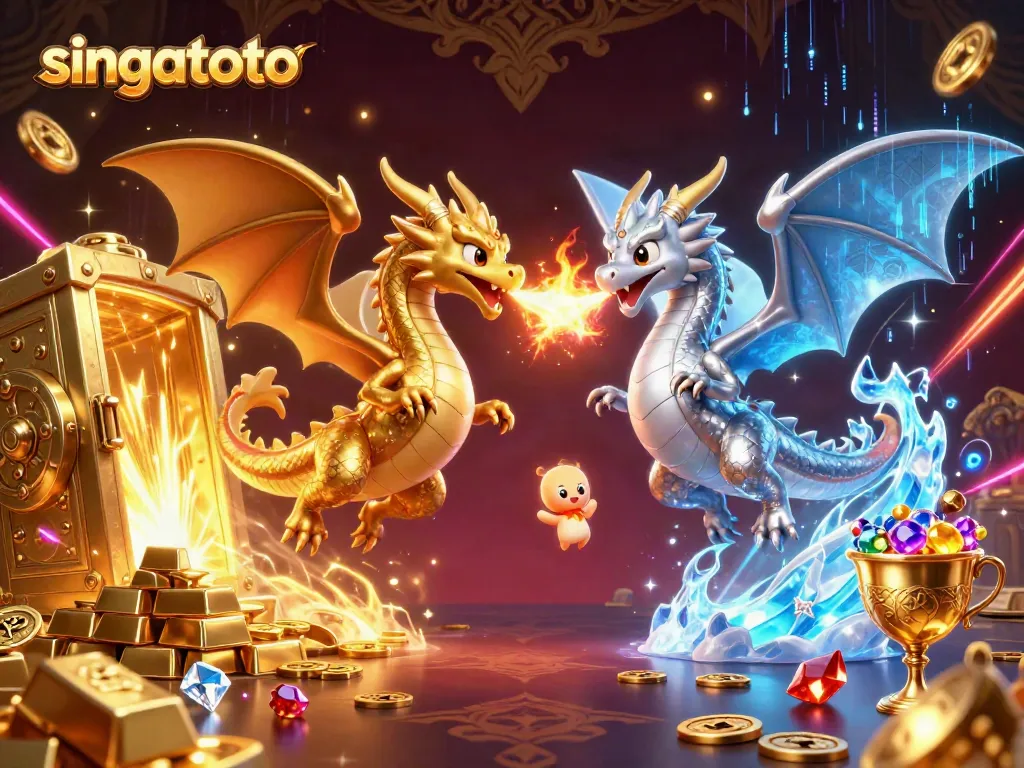 Experience thrilling gaming at singatoto with gold and silver dragons symbolizing fortune and strategy.