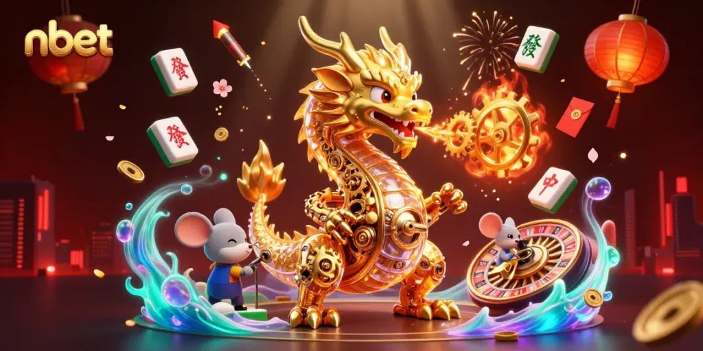 Immerse in the thrilling world of nbet with a vibrant 3D dragon breathing coins and game elements.