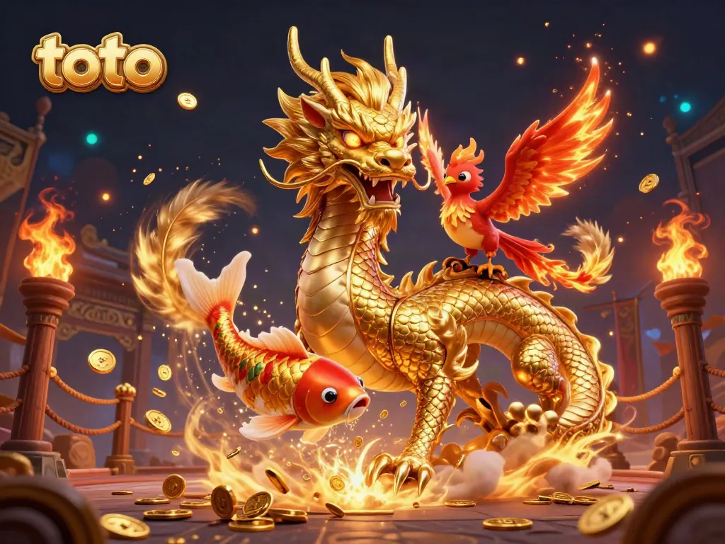 Experience thrilling toto betting with a golden dragon, phoenix, and koi amidst vibrant casino elements.