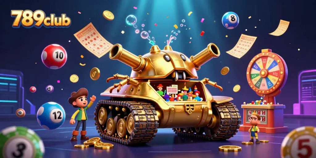 Experience the excitement of 789club with a vibrant scene featuring a golden beetle tank casino and dynamic lottery elements.
