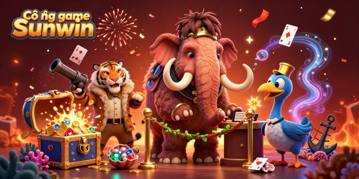 Engage with Cổng game Sunwin's exciting atmosphere featuring a woolly mammoth, saber-tooth tiger guest, and vibrant casino elements.