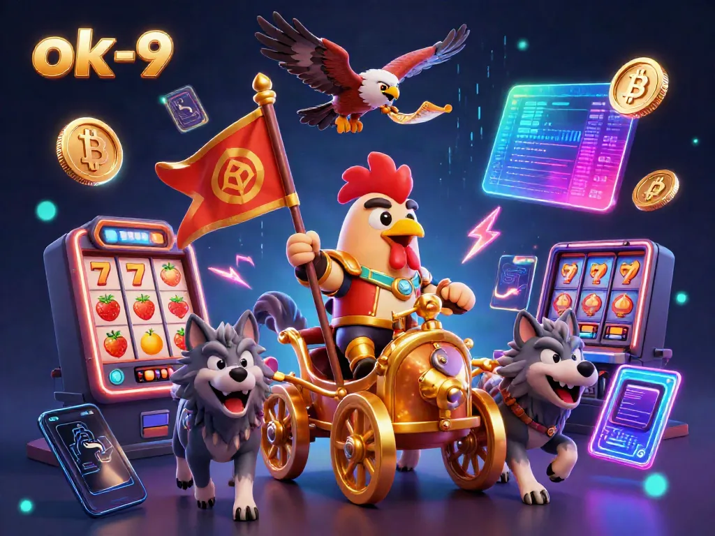 Spin the reels at ok-9's vibrant slot machines, spectacular cartoon scene filled with action.