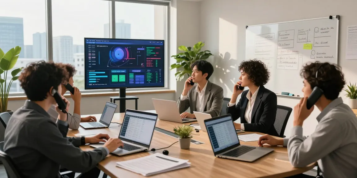 Collaborative team discussing telephone systems in modern office environment, showcasing professional engagement and technology.