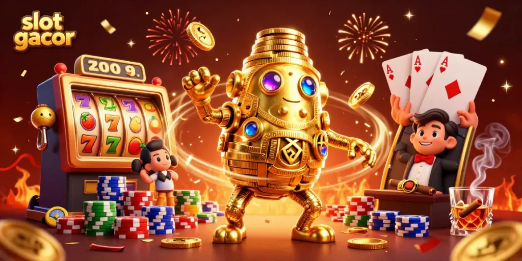 Experience the thrill of slot gacor with a vibrant 3D illustration featuring golden golems and slot machines.