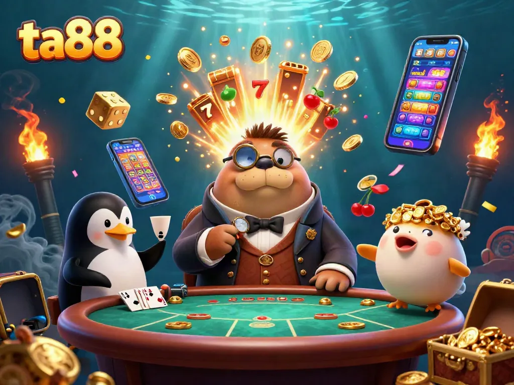 Engage with ta88's vibrant underwater casino, featuring a walrus in a Victorian outfit playing poker.