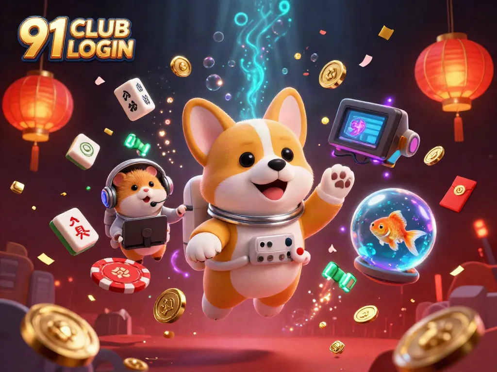 Engaging 3D casino scene depicting a 91 CLUB LOGIN interaction with a floating corgi and playful elements.
