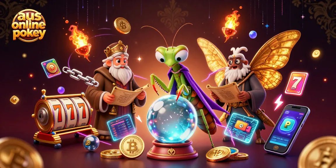 A captivating illustration showcasing aus online pokies, featuring a fortune teller and a librarian amidst slot reels and cryptocurrency elements.