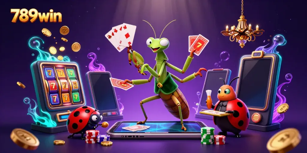 The 789win casino illustration showcases a vibrant scene with a giant praying mantis card sharp, dealing cards and shuffling chips, set against a dynamic, magical background.