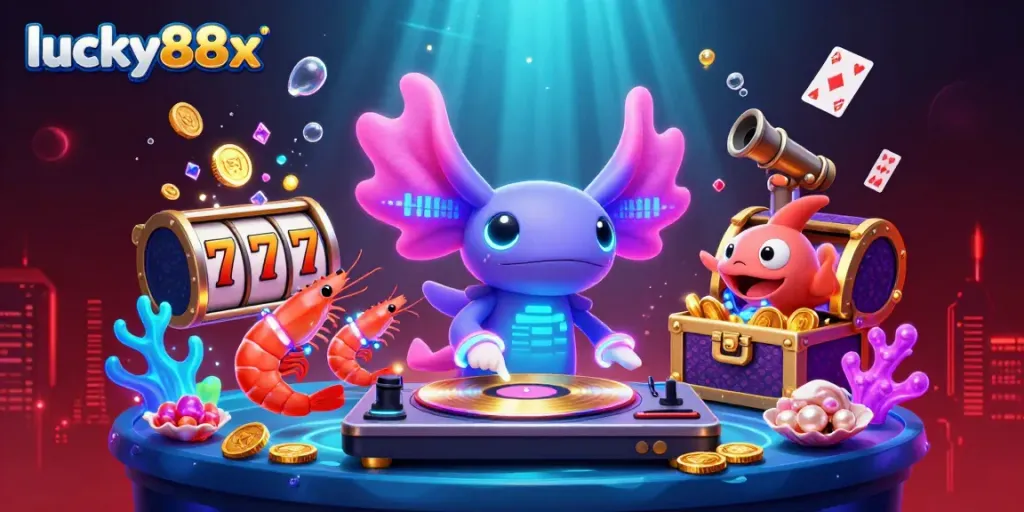 Experience thrilling action at lucky88x with colorful 3D gaming characters and vibrant casino elements.