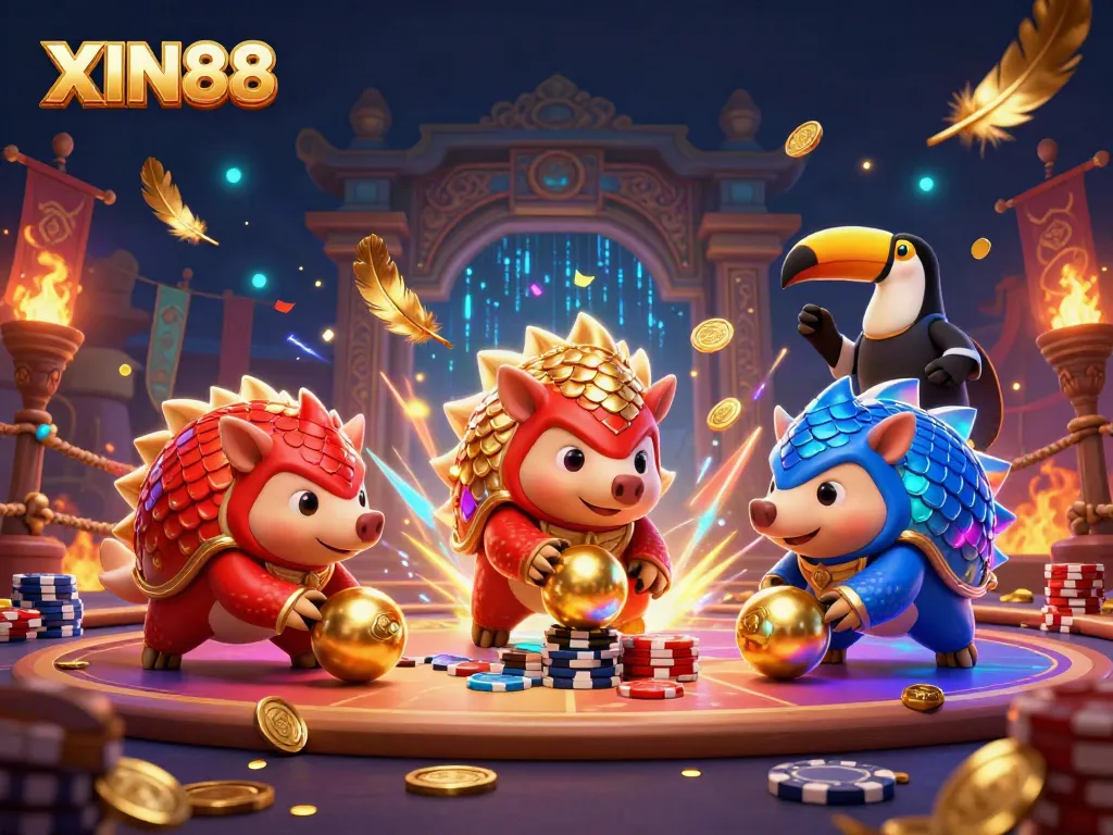 XIN88 showcases a vibrant duel between rival pangolins rolling golden balls through poker chips in a dynamic casino scene.