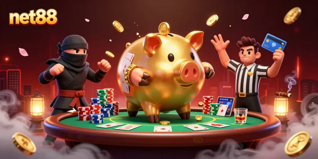 Winning strategies at net88 with a massive animated piggy bank, poker action, and vibrant casino atmosphere.